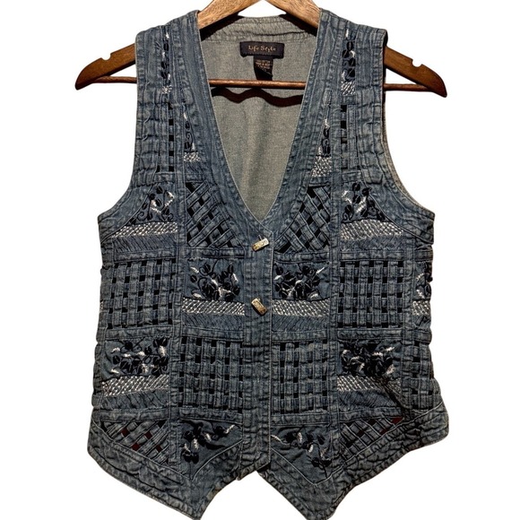 Alfredo Lifestyle Jackets & Blazers - VTG LIFESTYLE Braid & Patch Denim Vest Women's Small Button Up